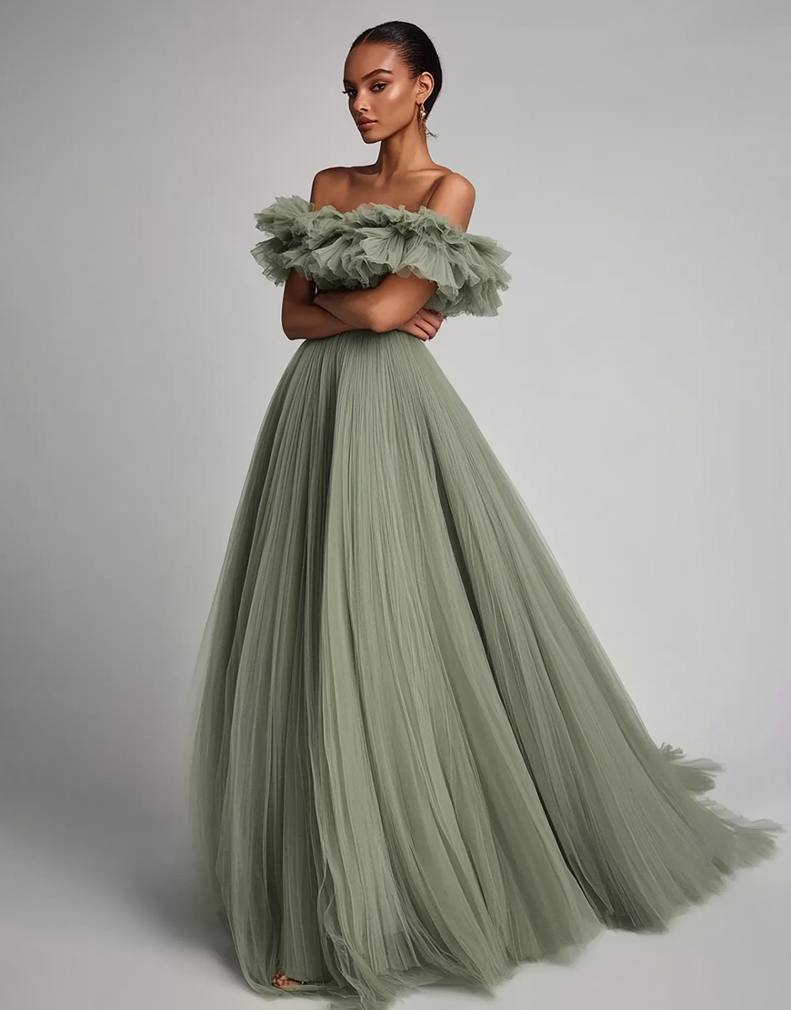 Dusty Sage Tulle A Line Long Formal Dress with Ruffles