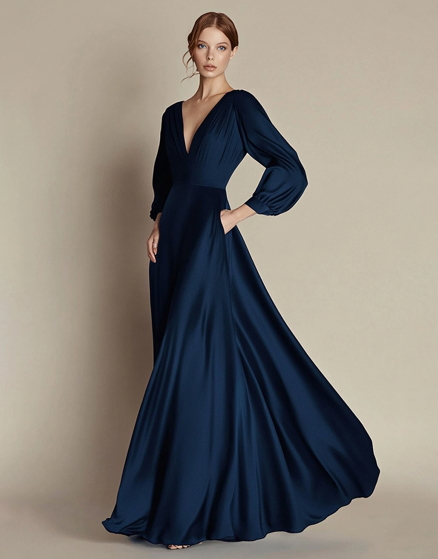 Navy V-Neck A Line Satin Long Formal Dress with Sleeves
