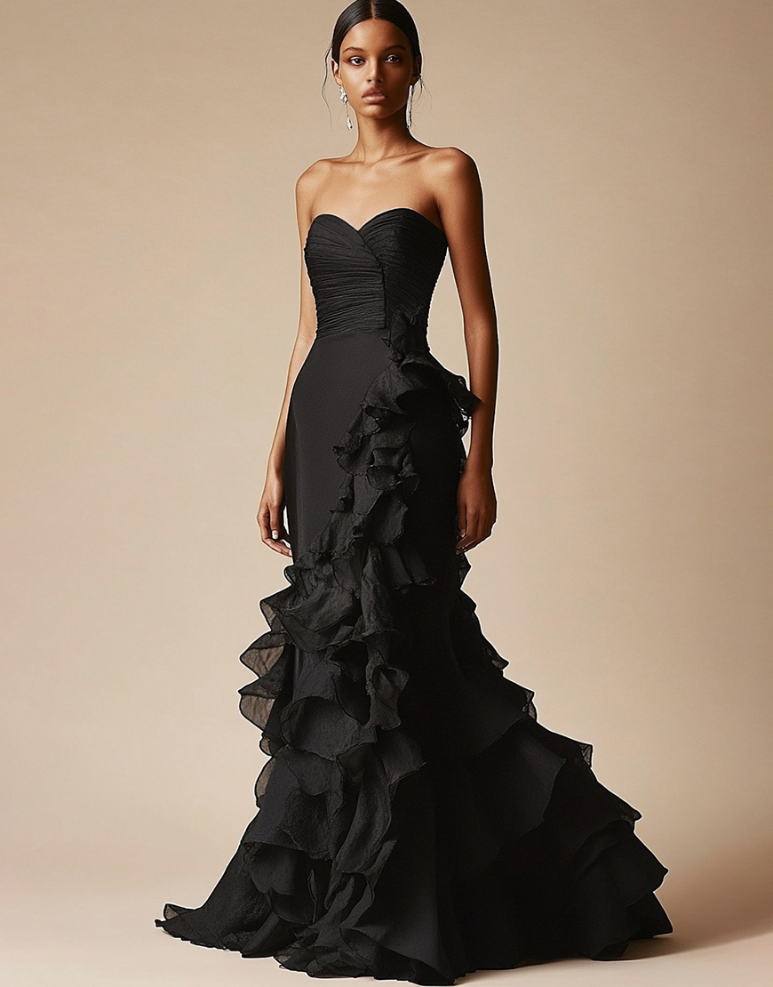 Mermaid Sweetheart Tiered Long Black Tie Dress