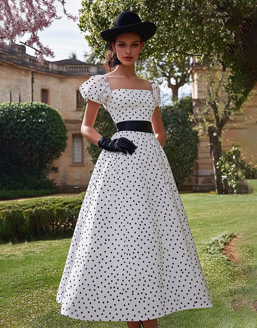 Black&White A Line Square Neck Long Formal Dress with Sleeves