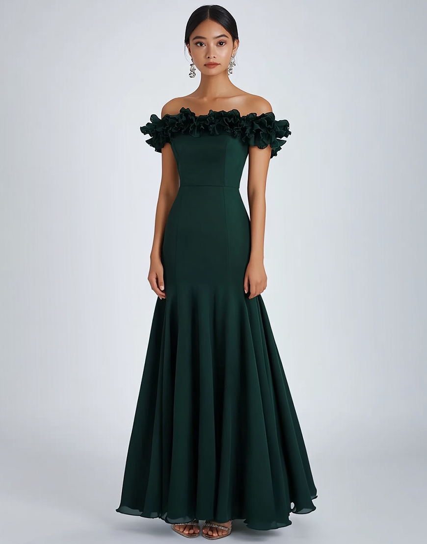 Dark Green Sheath Satin Off the Shoulder Long Formal Dress with Ruffles