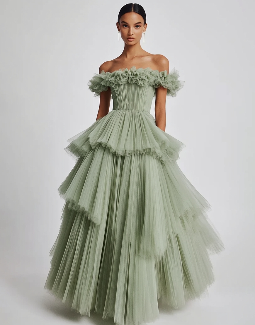 Dusty Sage Ball Gown Tulle Long Formal Dress with Ruffles
