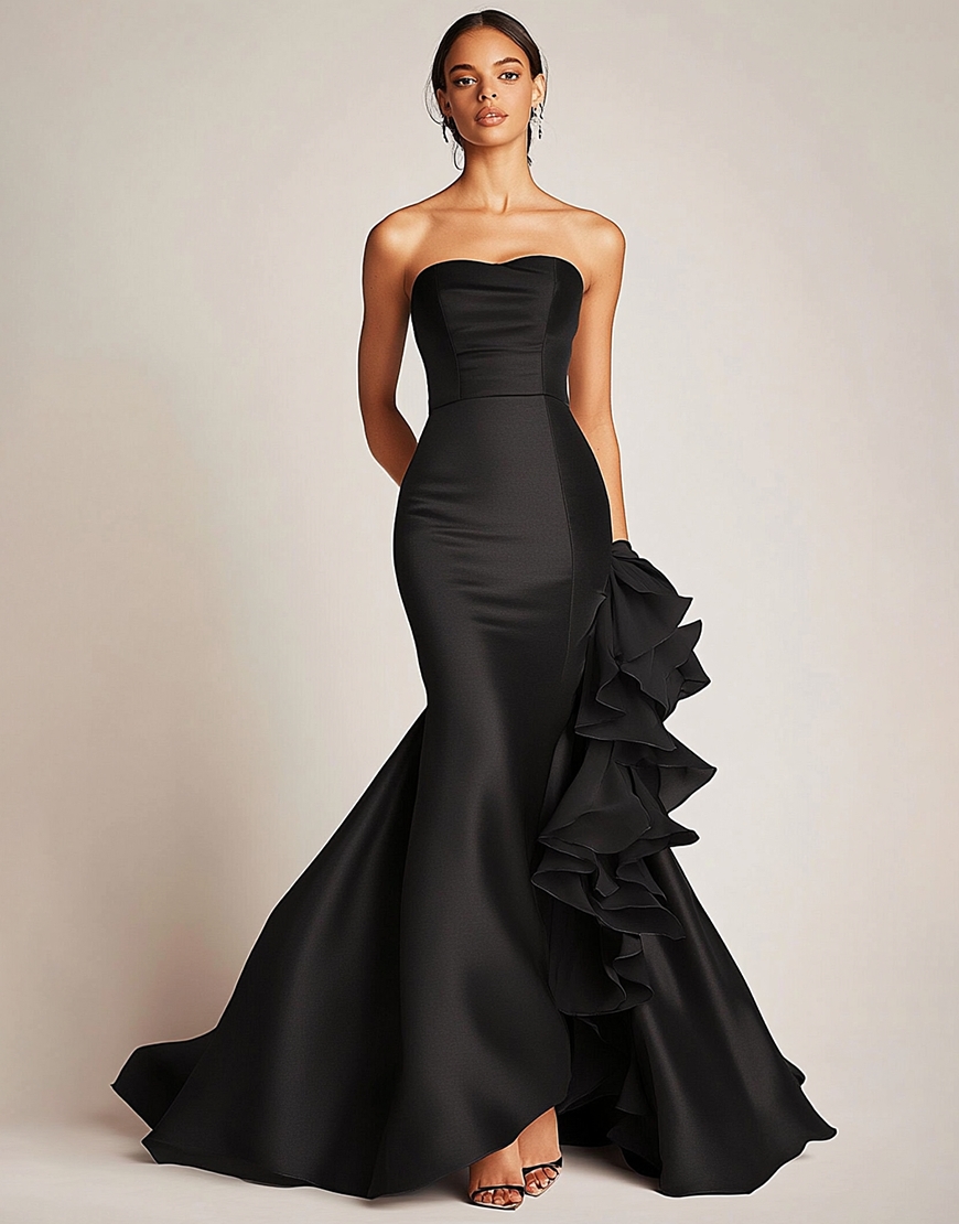 Satin Mermaid Satin Long Black Tie Dress with Ruffles