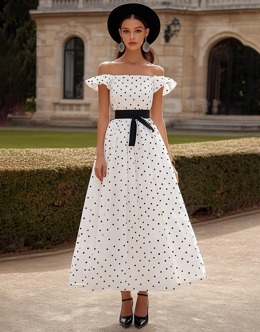 Black&White A Line Off the Shoulder Ruffled Long Formal Dress