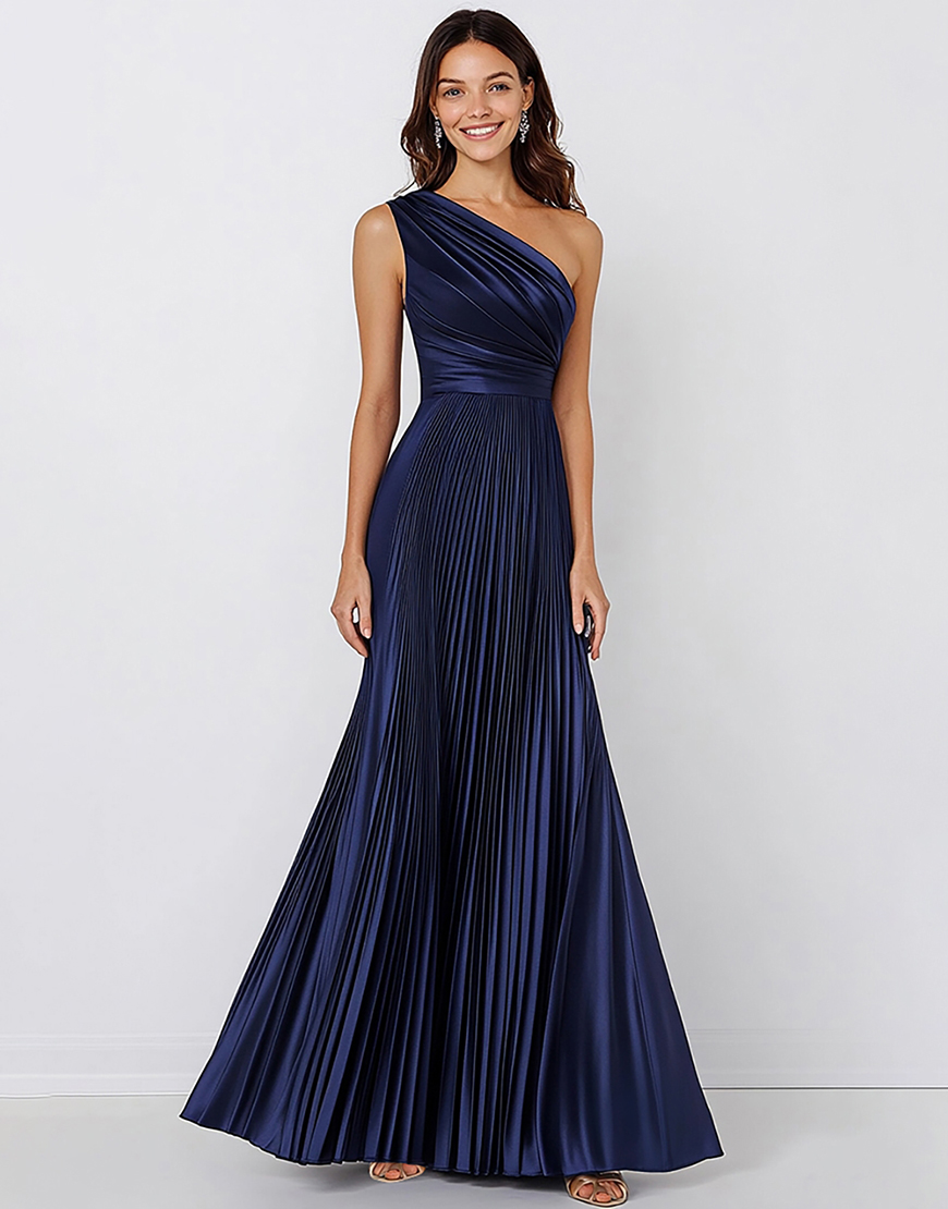 Navy Satin A Line Pleated One Shoulder Long Formal Dress