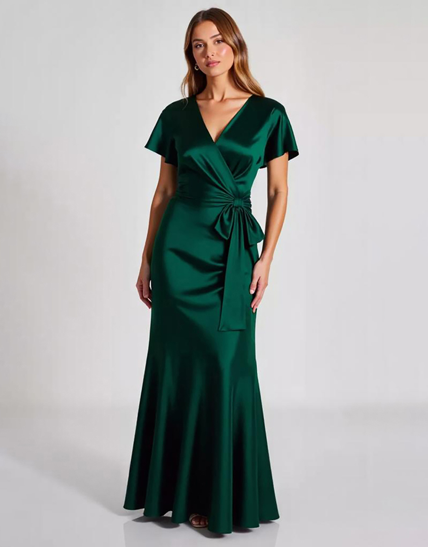 Dark Green Sheath V-Neck Satin Long Formal Dress with Bowknot