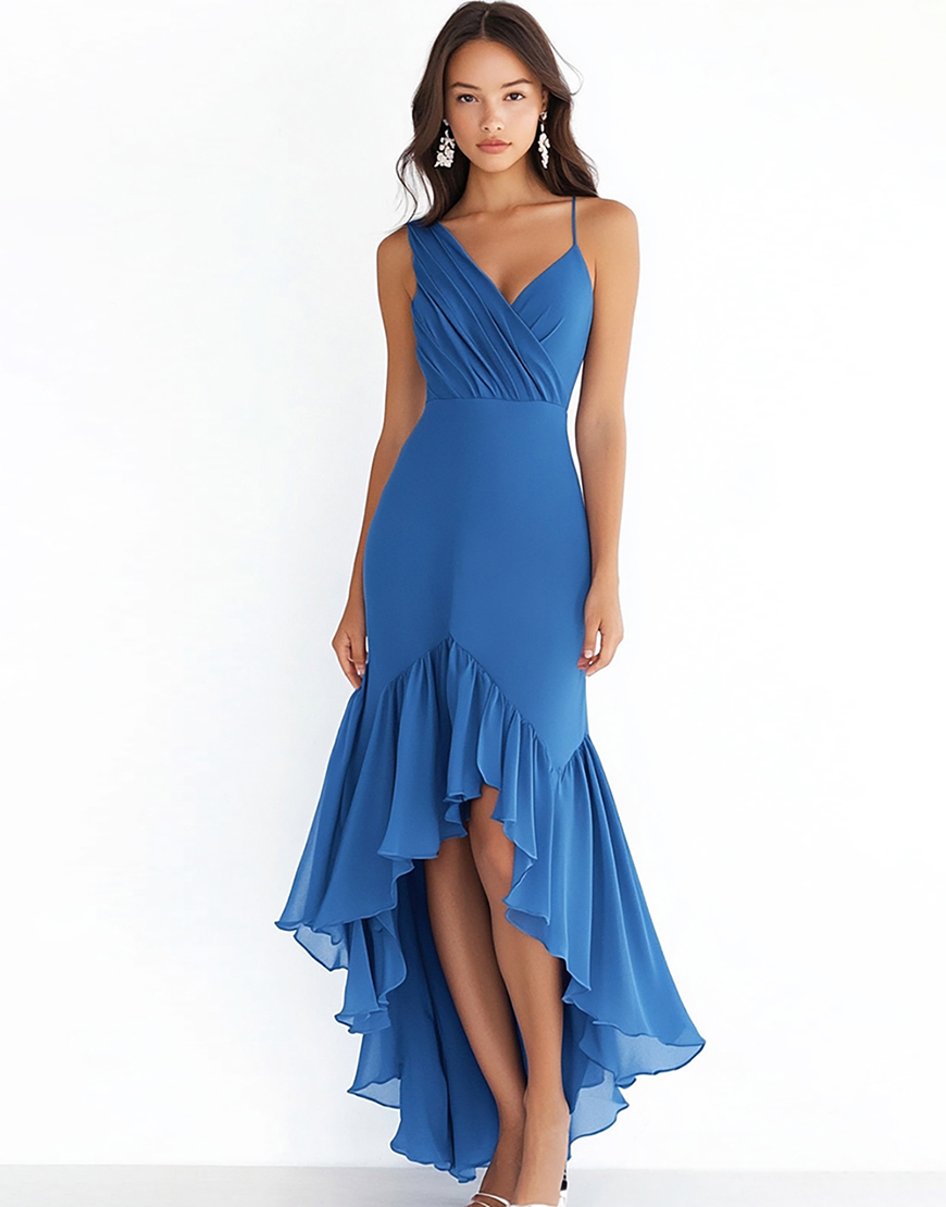 Blue Chiffon Sheath High Low Ruched Formal Dress