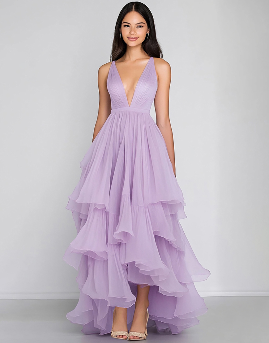 Lilac Tulle A Line Tiered Asymmetrical Long Formal Dress