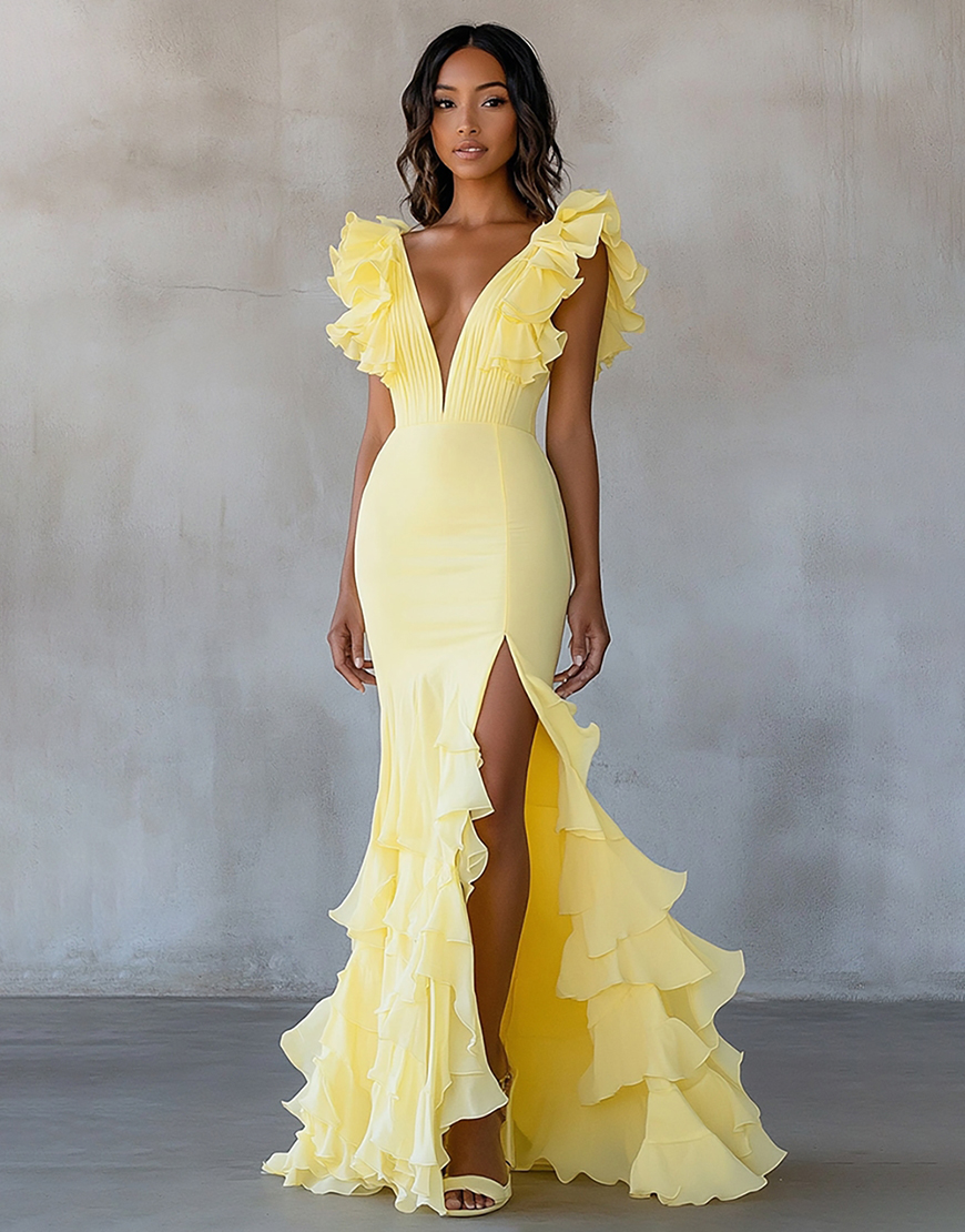 Yellow Chiffon Mermaid Ruffled Long Formal Dress with Slit