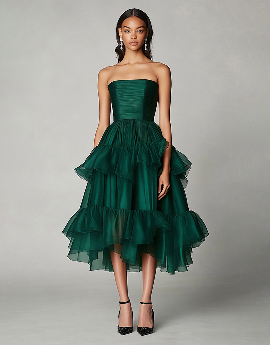 Dark Green A Line Tulle Strapless Tiered Long Formal Dress