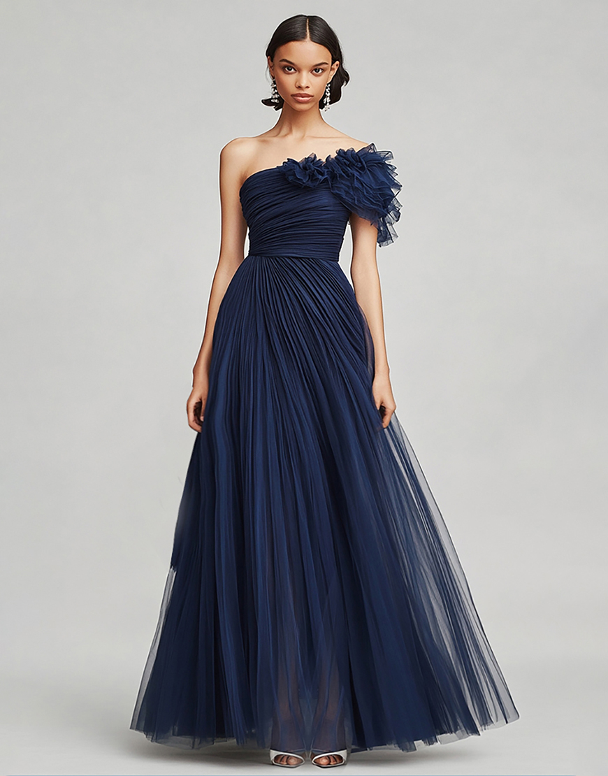 Navy Tulle A Line One Shoulder Long Formal Dress with Ruffles