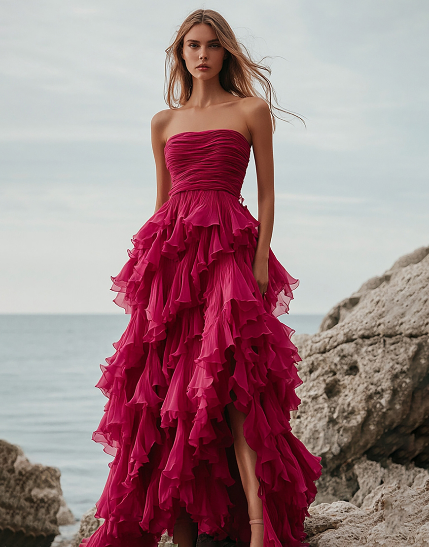 Fuchsia Tulle A Line Tiered Ruched Long Formal Dress
