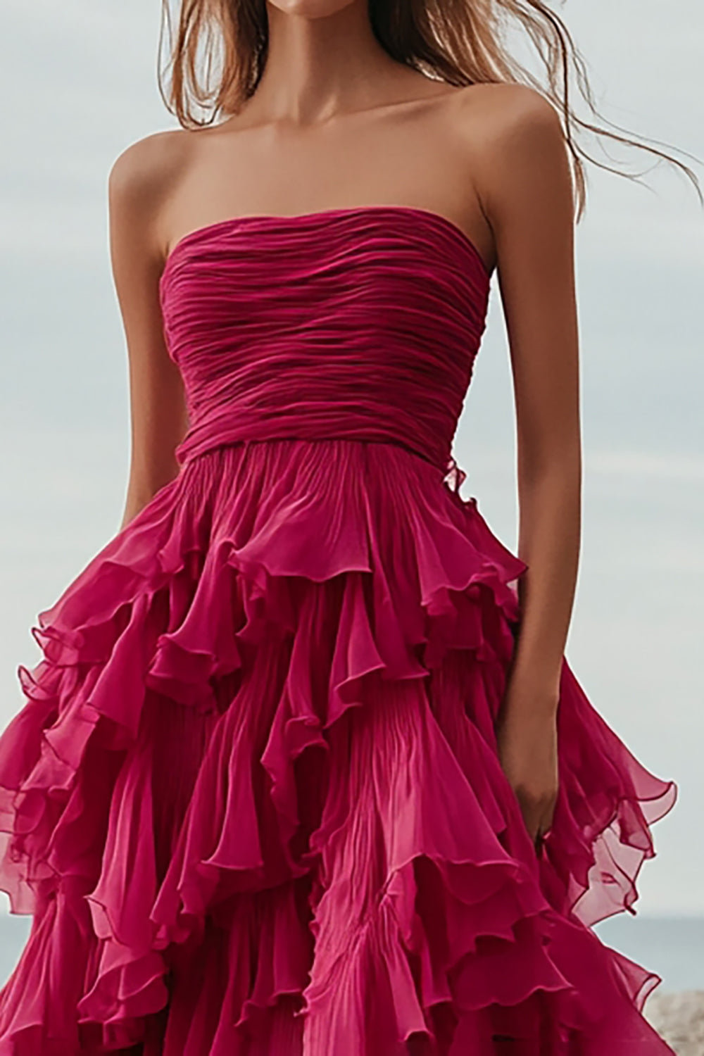 Fuchsia Tulle Tiered A Line Long Prom Dress with Ruffles