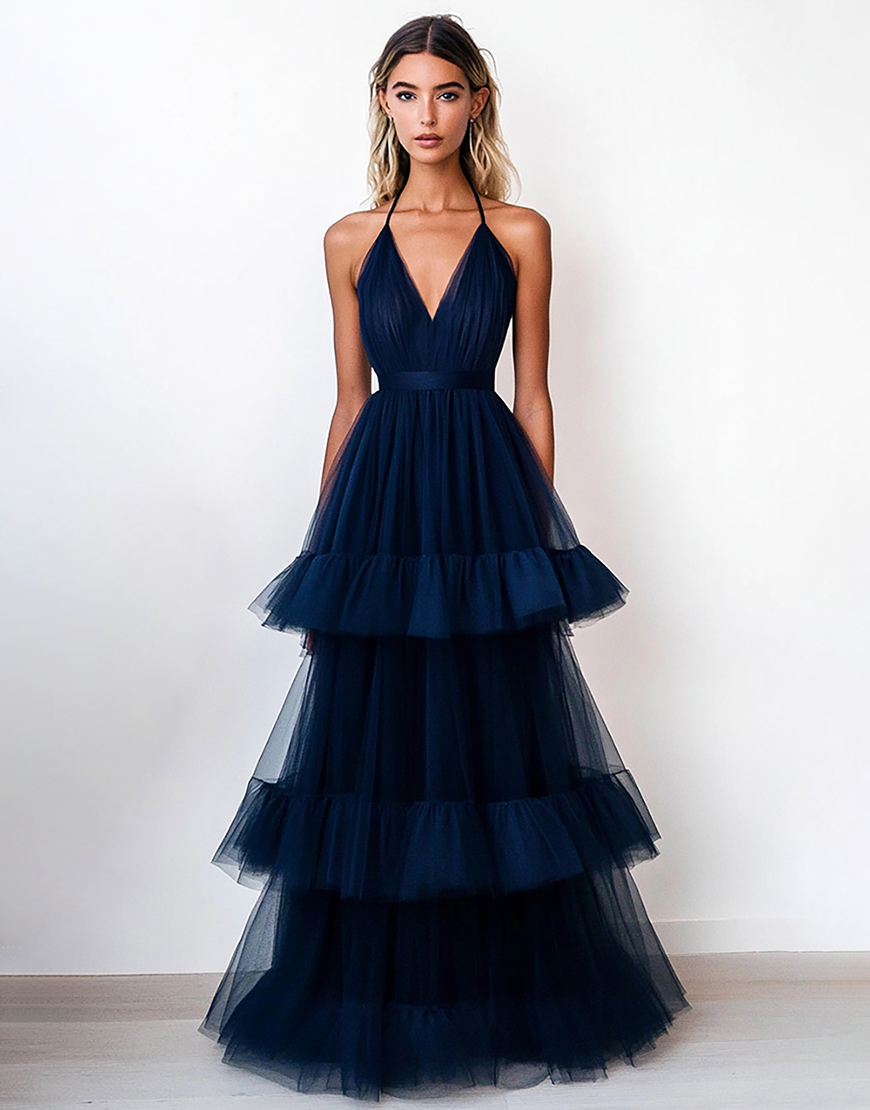 Navy Tiered V-Neck Tulle A Line Long Formal Dress