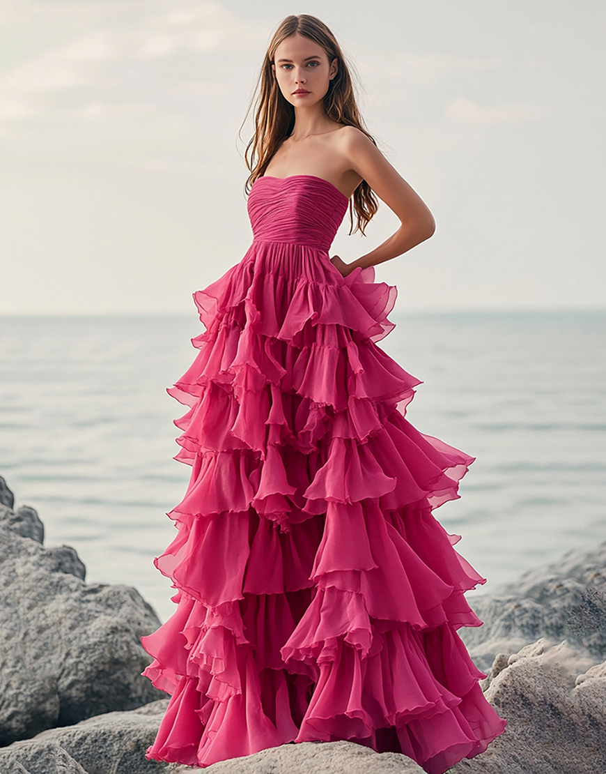 Fuchsia Strapless Tulle A Line Long Formal Dress