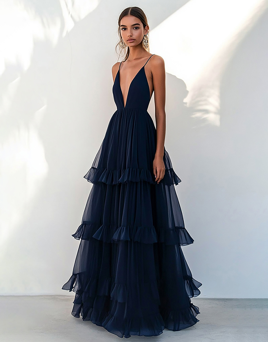 Navy Tulle Spaghetti Straps Tiered Long Formal Dress