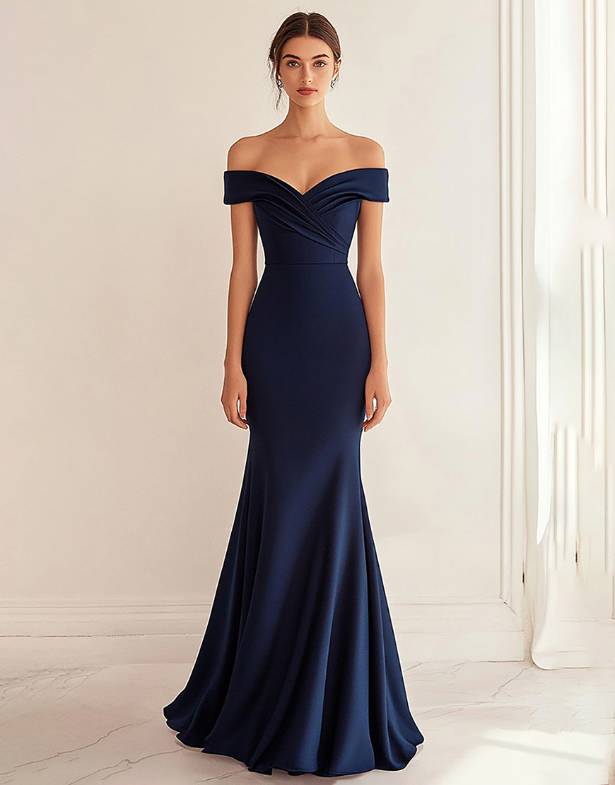 Navy Off the Shoulder Satin Mermaid Long Formal Dress