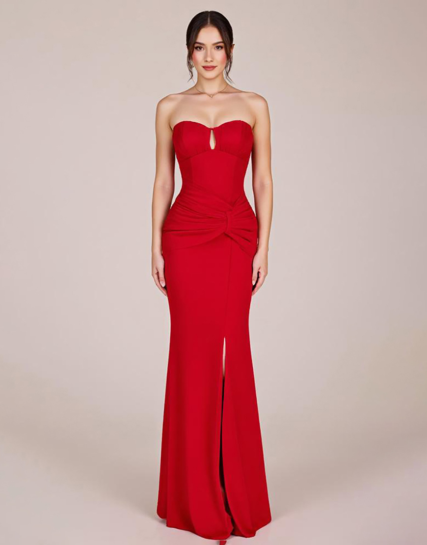 Red Strapless Mermaid Keyhole Long Formal Dress with Slit