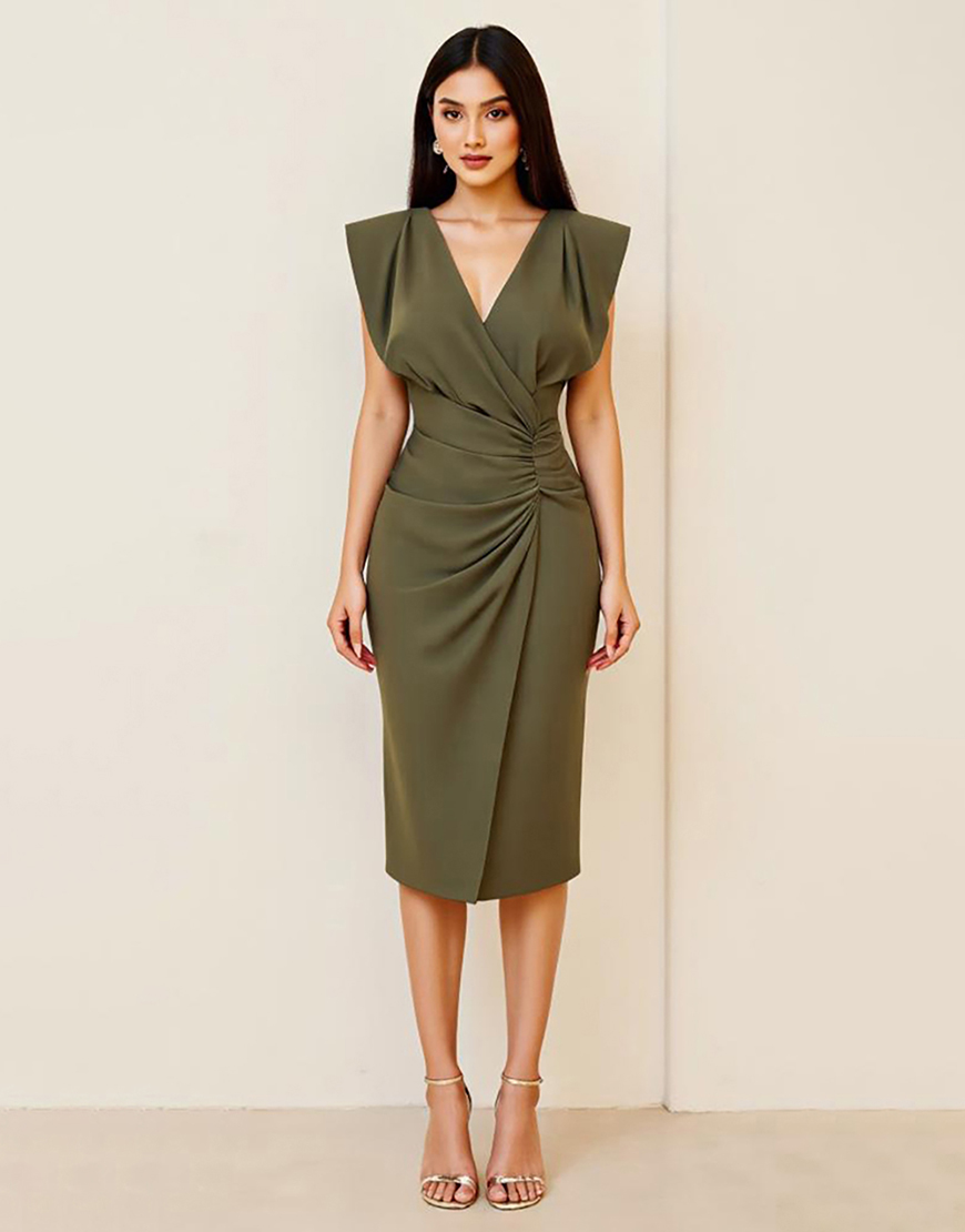 Olive V-Neck Ruched Sheath Semi Formal Dress