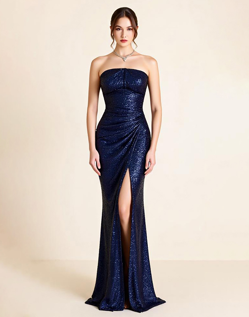 Sparkly Navy Sequins Mermaid Strapless Long Formal Dress with Slit