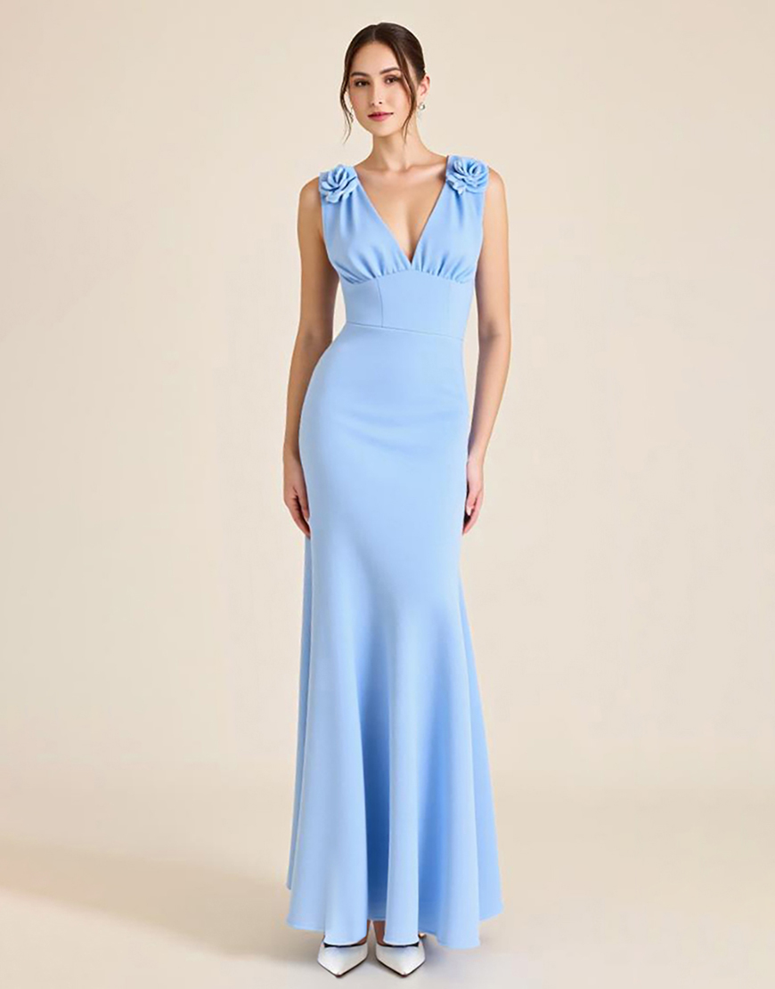 Sky Blue Sheath Sleeveless Long Formal Dress with 3D Flowers