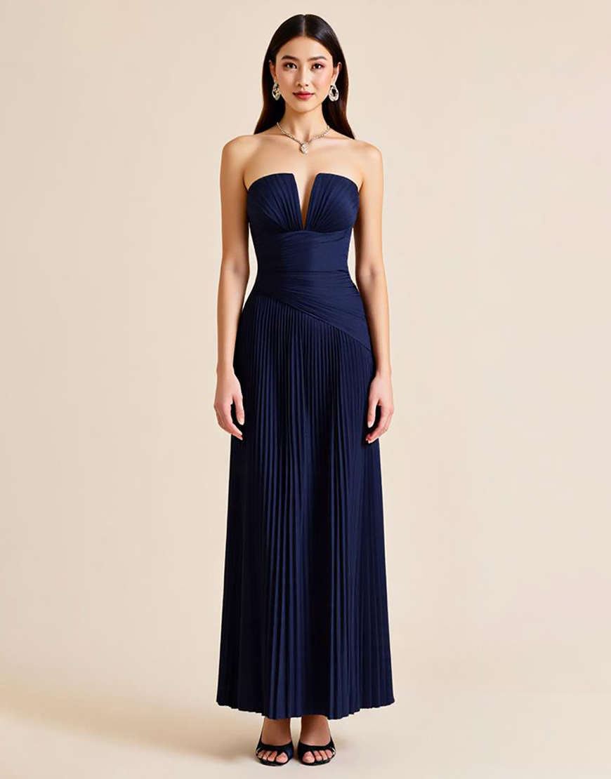 Navy Pleated A Line Strapless Long Formal Dress