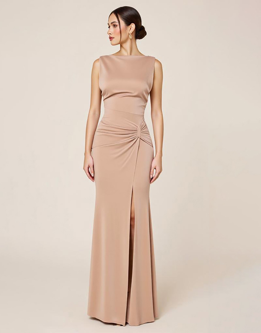 Neutral Satin Sheath Ruched Long Formal Dress with Slit
