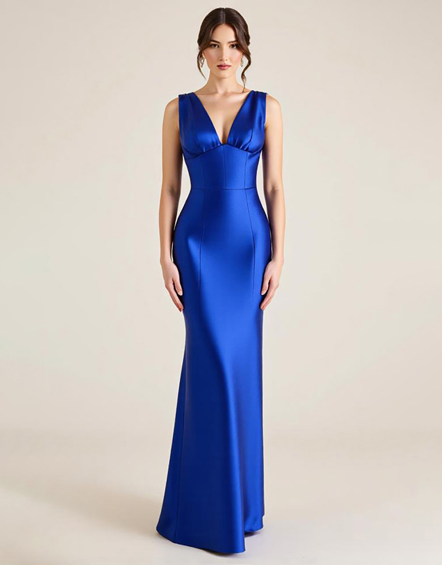 Royal Blue V-Neck Satin Sheath Sleeveless Long Formal Dress