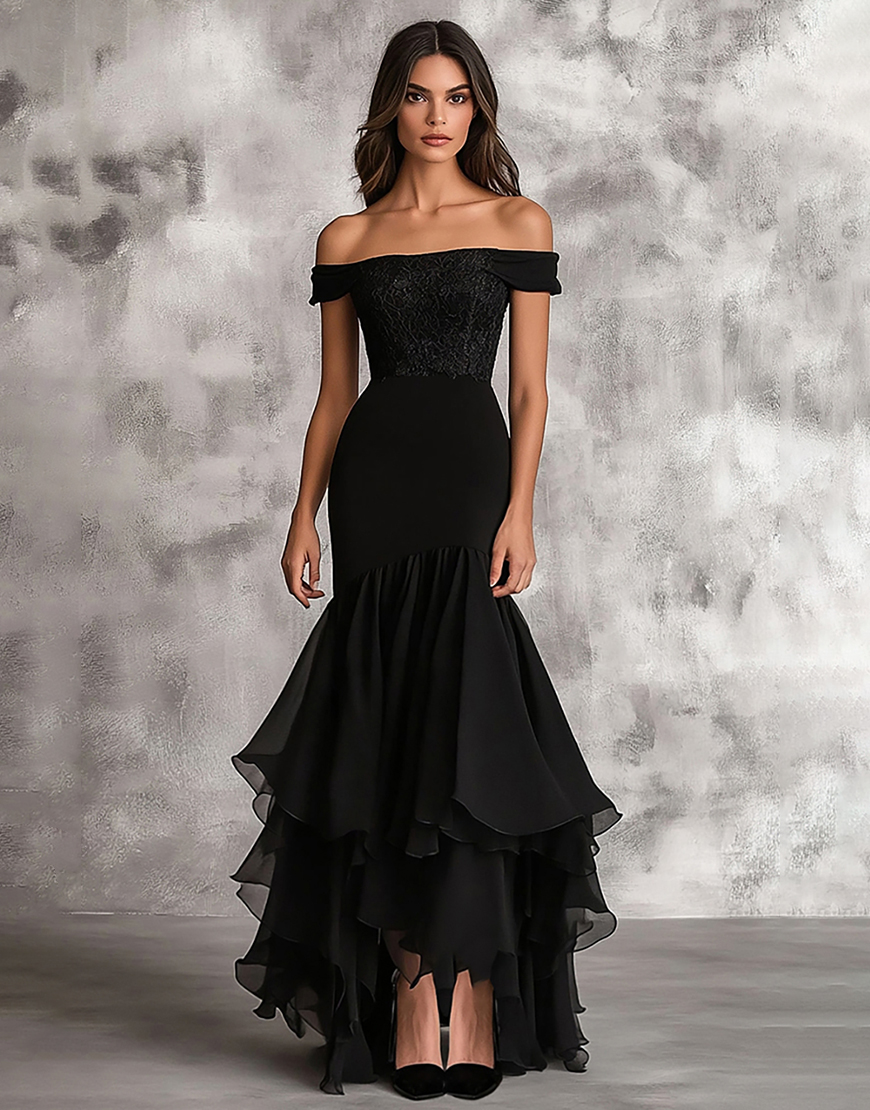 Black Mermaid Appliqued Long Formal Dress with Ruffles