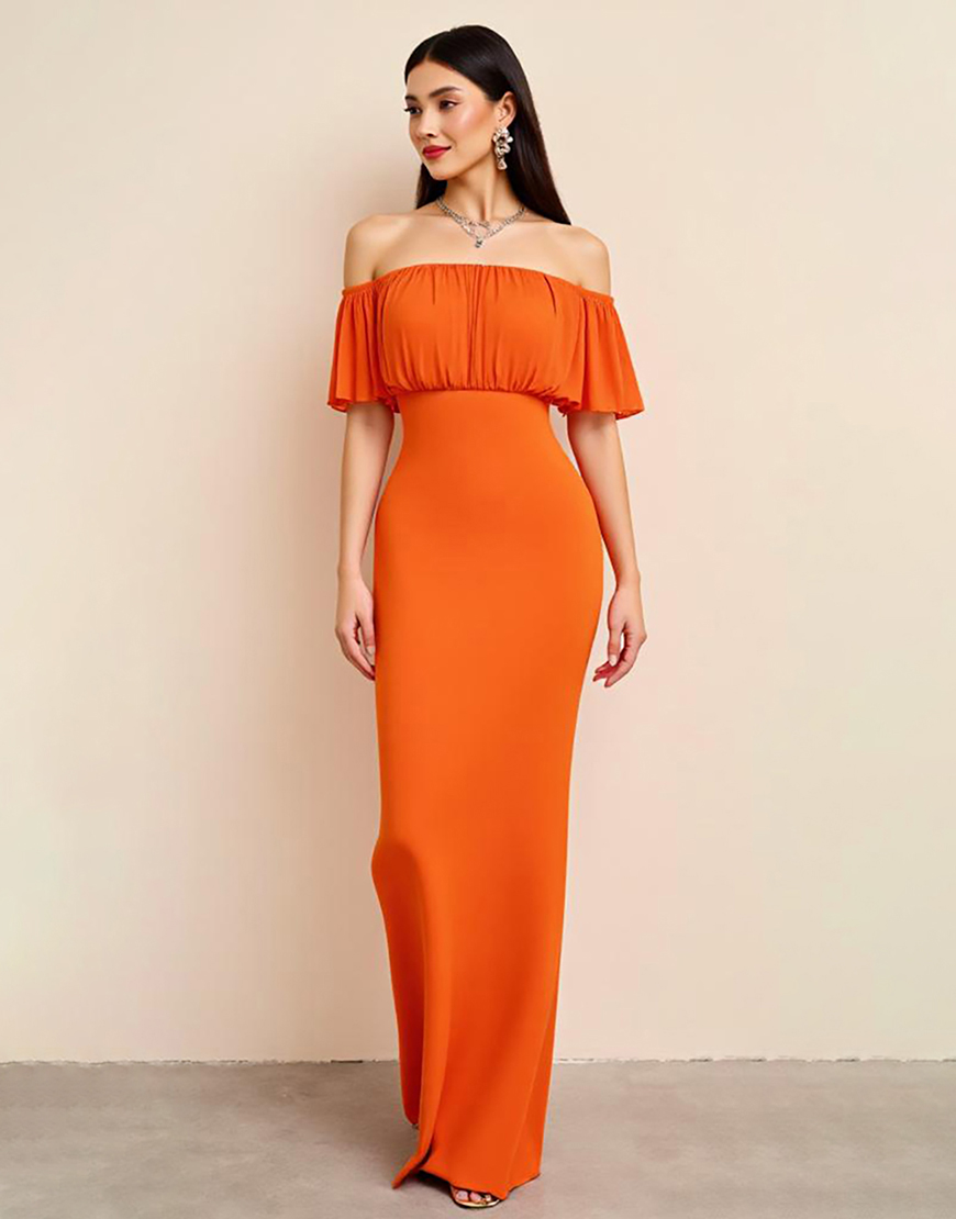 Orange Sheath Off the Shoulder Long Formal Dress