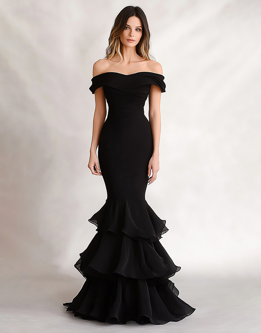 Black Tiered Mermaid Off the Shoulder Long Formal Dress
