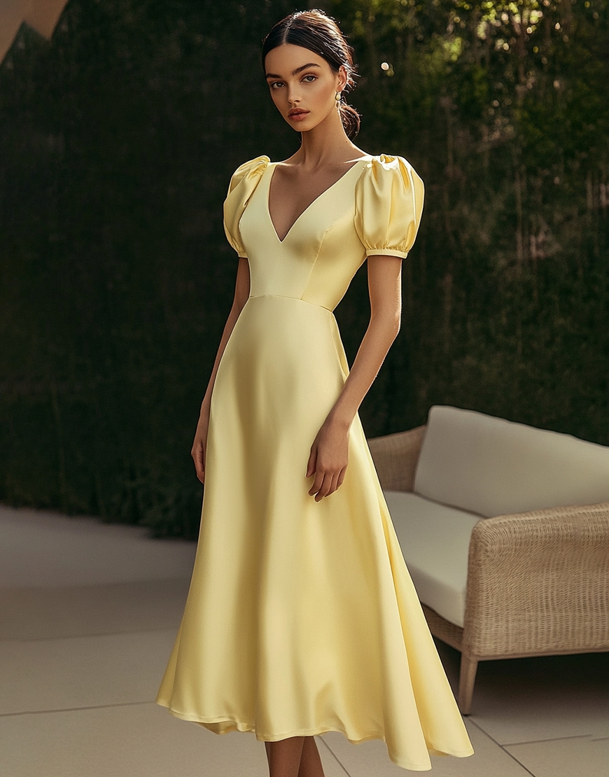 Yellow V-Neck A Line Satin Long Formal Dress with Puff Sleeves