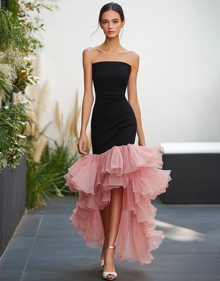 Black&Pink Sheath Strapless Long Formal Dress with Ruffles