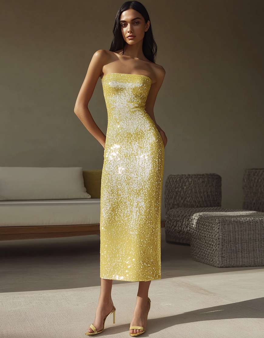 Sparkly Yellow Sequins Sheath Strapless Long Formal Dress