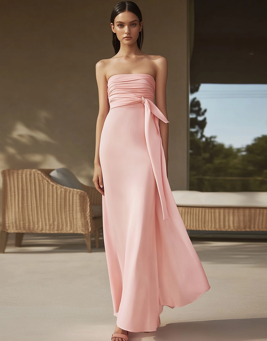 Pink Sheath Chiffon Ruched Strapless Long Formal Dress with Cap