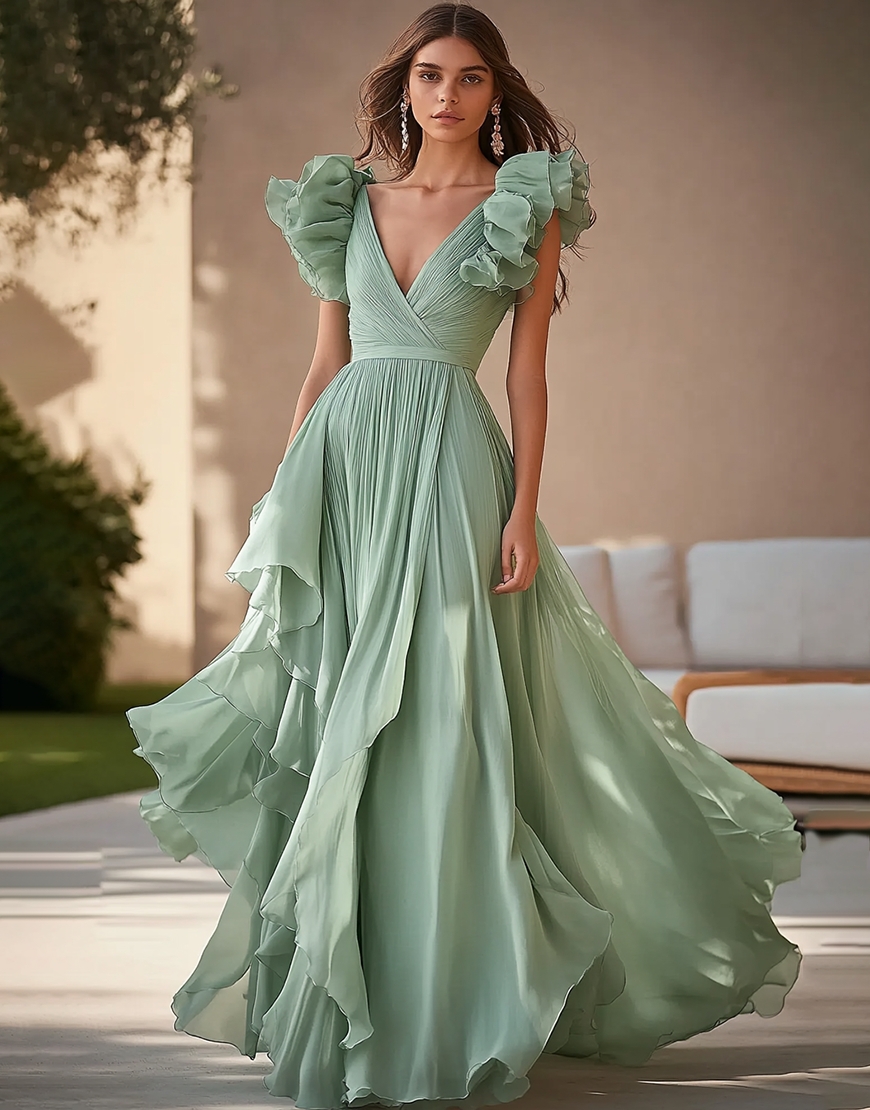 Light Green Chiffon Ruffed Tiered Long Formal Dress