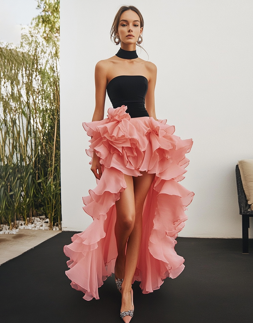 Black&Pink Chiffon High Low Strapless Tiered Formal Dress