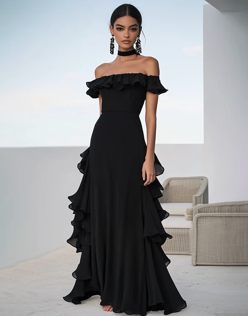 Black Off the Shoulder Chiffon A Long Formal Dress