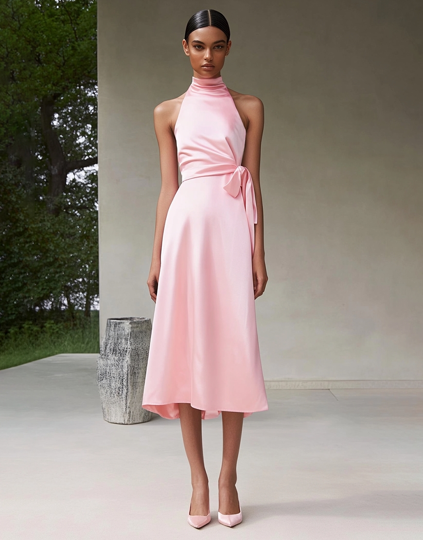 Pink Satin A Line Halter Semi Formal Dress