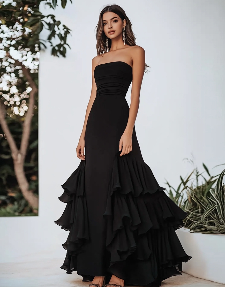Chiffon A Line Strapless Tiered Black Tie Dress