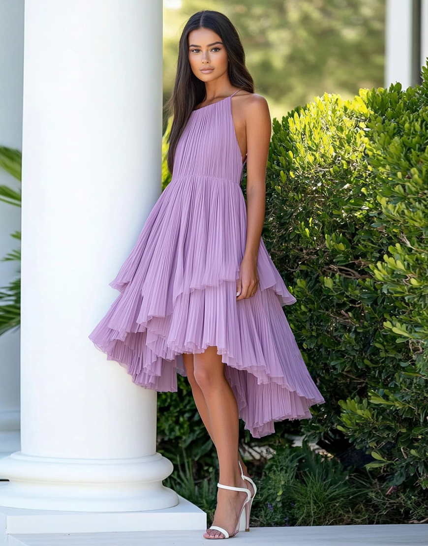 Lilac A Line Chiffon Pleated Ruched Mid-Calf Wedding Guest Dress