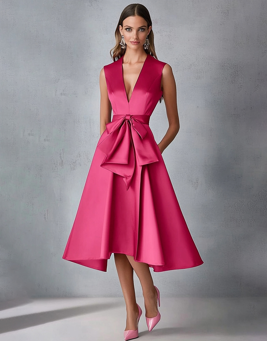 Fuchsia Deep V-Neck A Line Mid-Calf Wedding Guest Dress with Bow