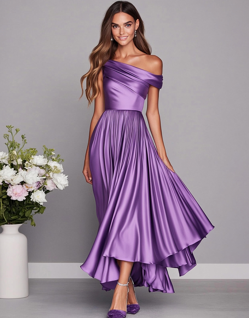 Lilac One Shoulder Satin Pleated Long Wedding Guest Dress