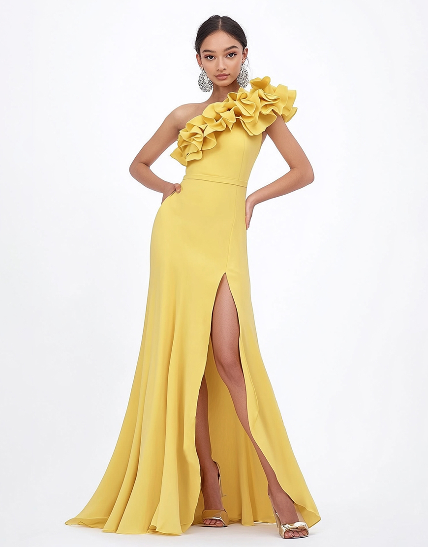 Yellow Sheath Satin Ruffled Long Wedding Guest Dress with Slit