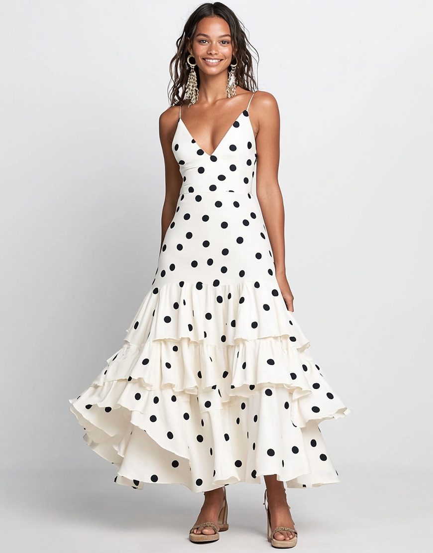 White Black Dot A Line Chiffon Tiered Long Wedding Guest Dress