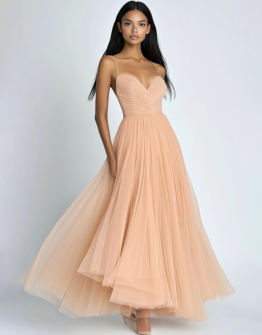 Peach A Line Pleated Long Wedding Guest Dress