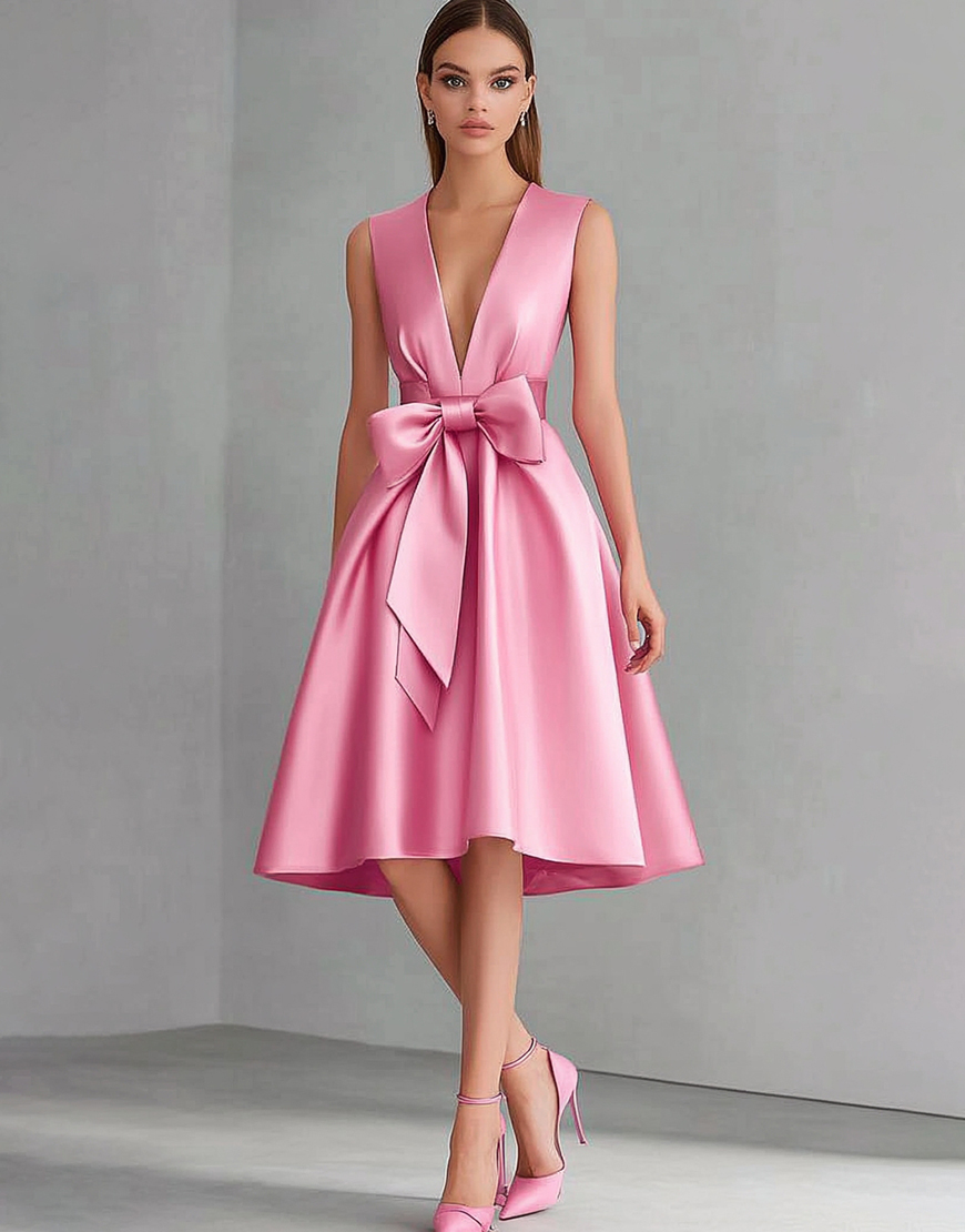 Pink Satin A Line Midi Wedding Guest Dress with Bow