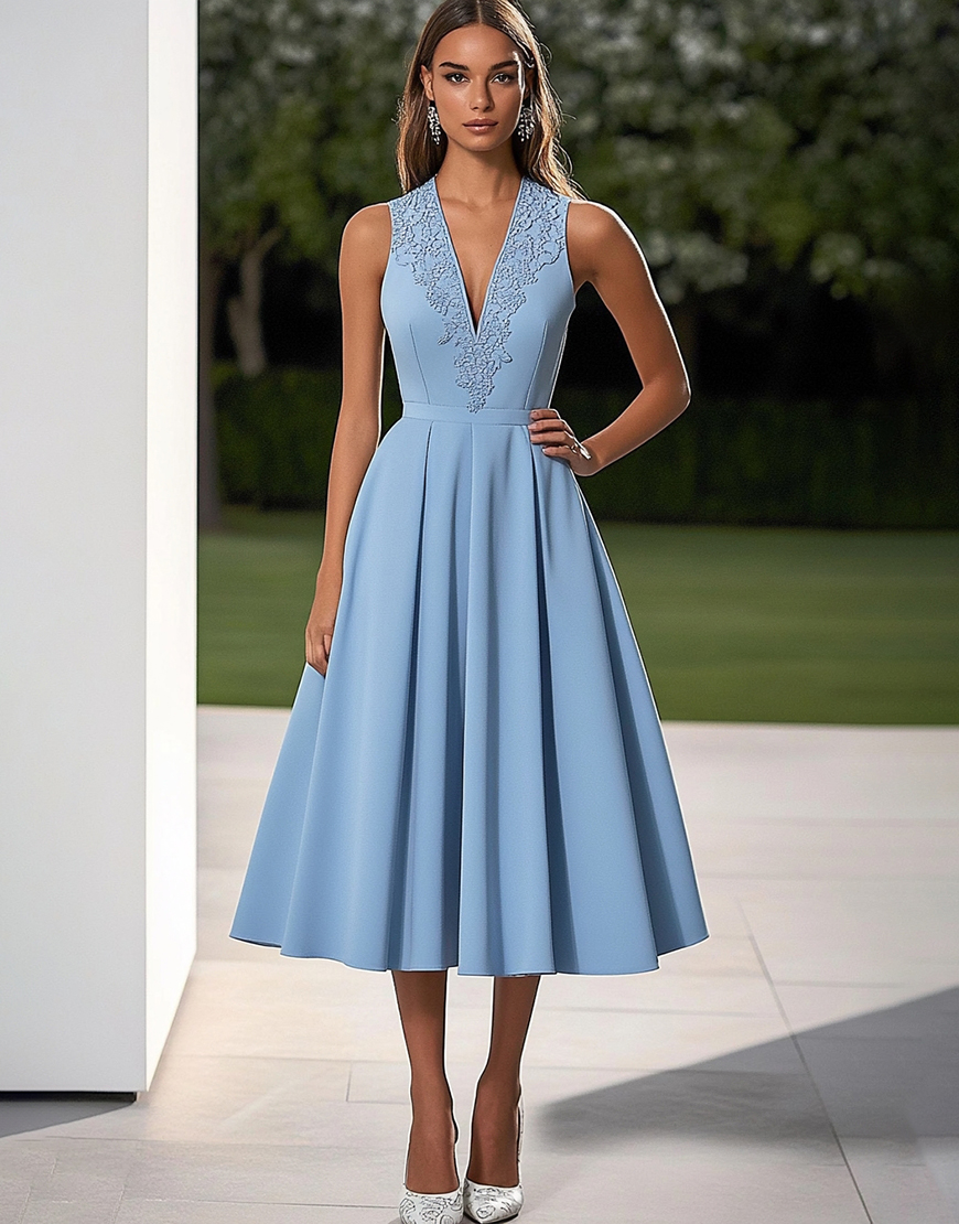 Sky Blue Deep V-Neck A Line Mid-Calf Wedding Guest Dress with Appliques
