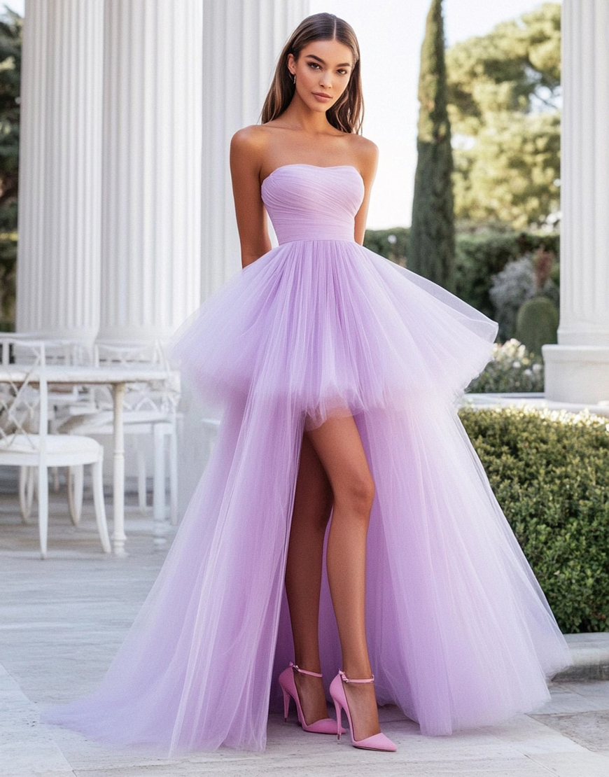 Lilac Strapless Tulle High Low Wedding Guest Dress