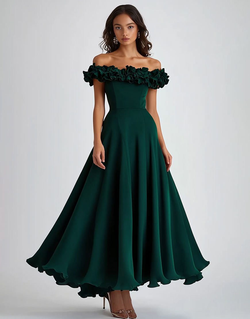 Dark Green Off the Shoulder Ruffled Long Wedding Guest Dress